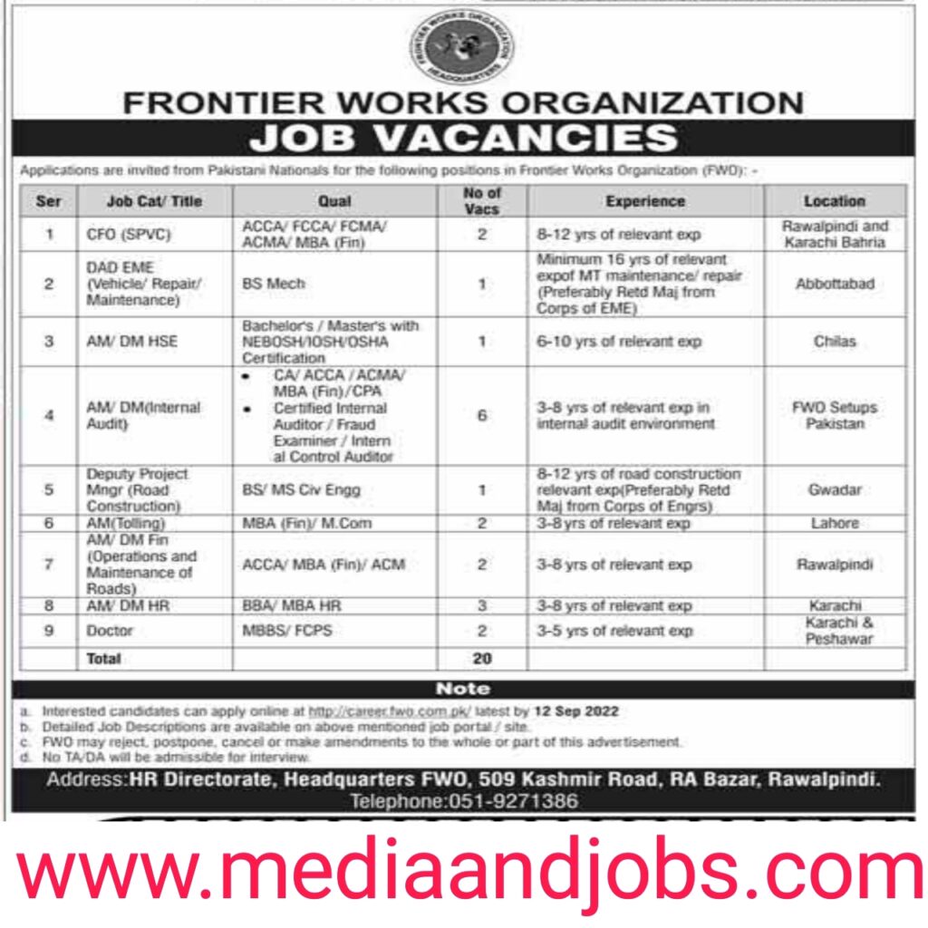 FWO Jobs 2022 || Frontier Works Organization Jobs 2022.