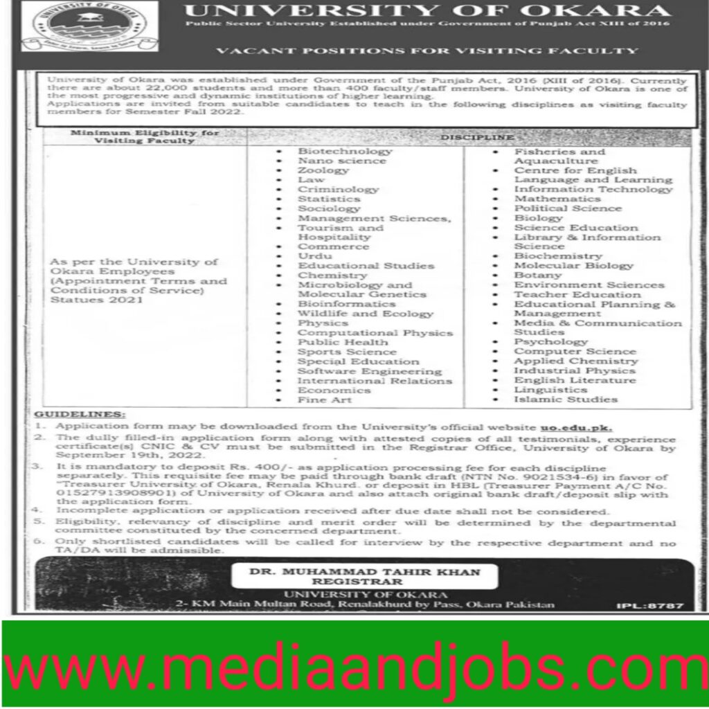 University of Okara Jobs 2022