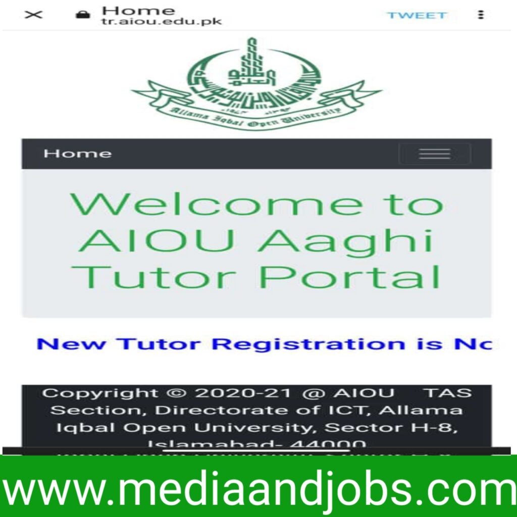 AIOU Tutor Jobs 2022 Announced || E Registeration Form