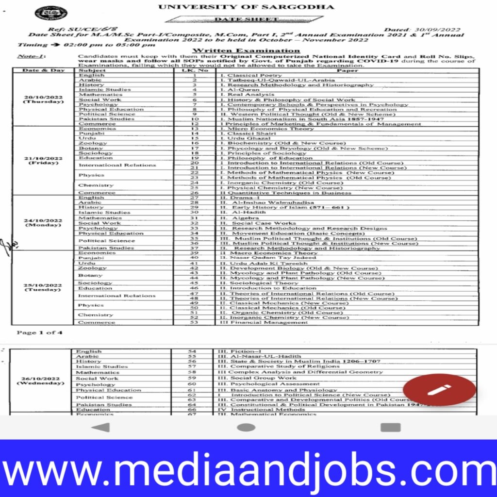 Sargodha University Ma MSc Date Sheet 2022 | UOS MSc Date Sheet 2022 || Download Roll Number Slip