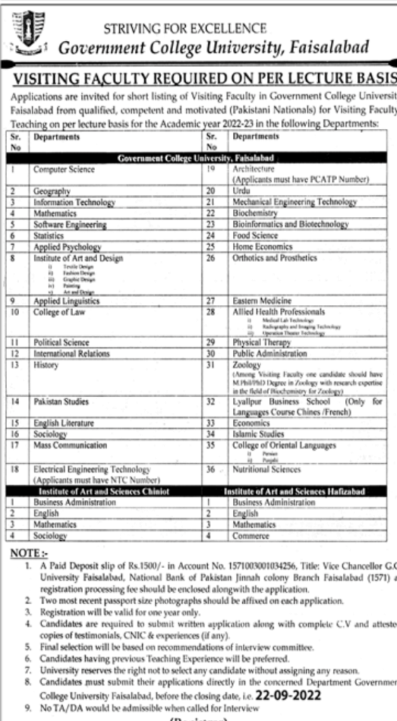 GC University Faisalabad Jobs 2022 | Application Form