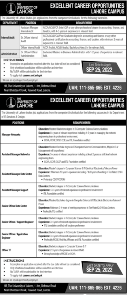 Latest UOL Jobs 2022 || University Of Lahore Jobs 2022