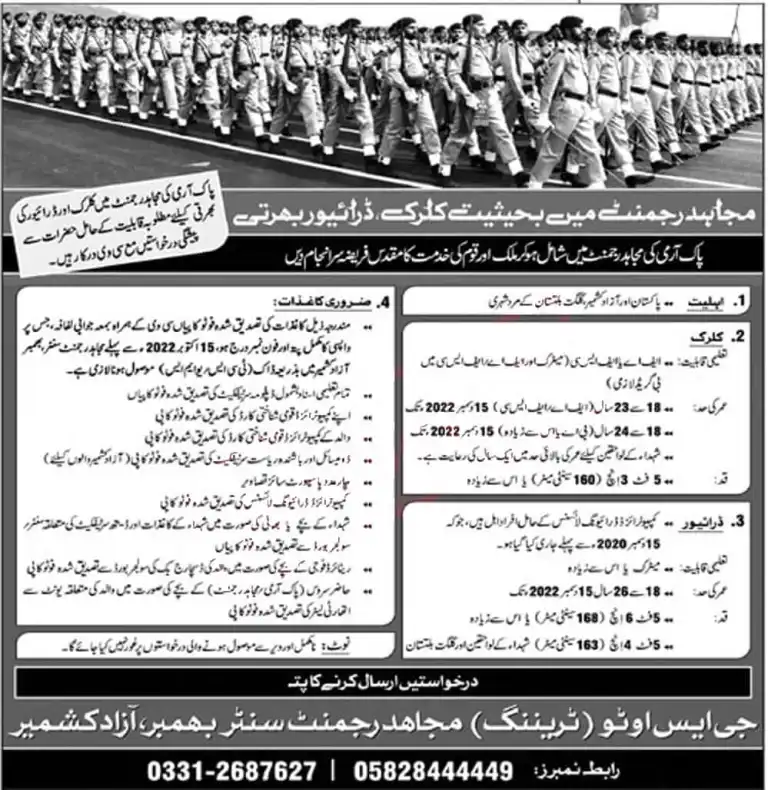 Pakistan Army Mujahid Force Jobs 2022 || Clerk & Driver