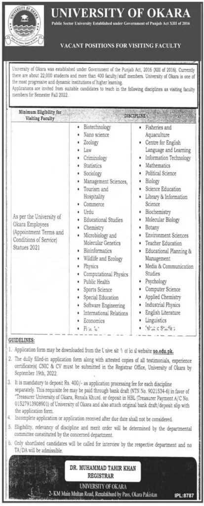 University of Okara Jobs 2022