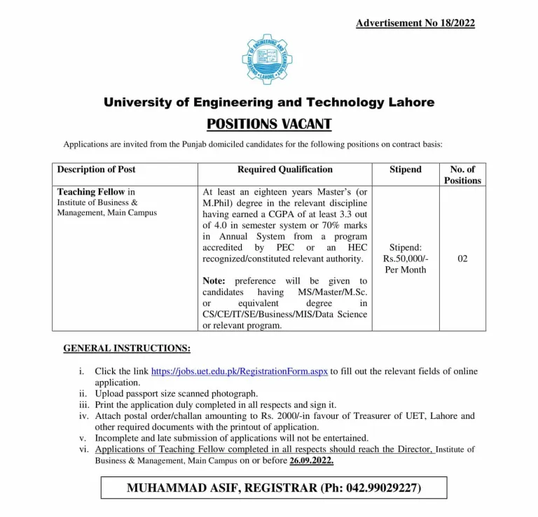 Latest UET Jobs 2022 | University of Engineering And Technology Jobs 2022