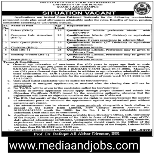 Punjab University Jobs 2022| PU Lahore Jobs Notification