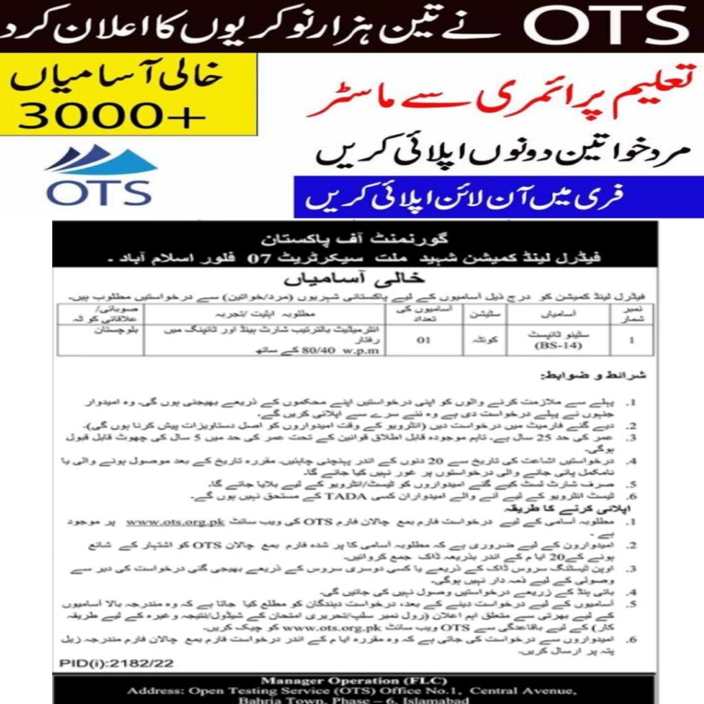 Federal Land Commission Islamabad OTS Jobs 2022 – Latest Federal Govt Jobs Advertisement