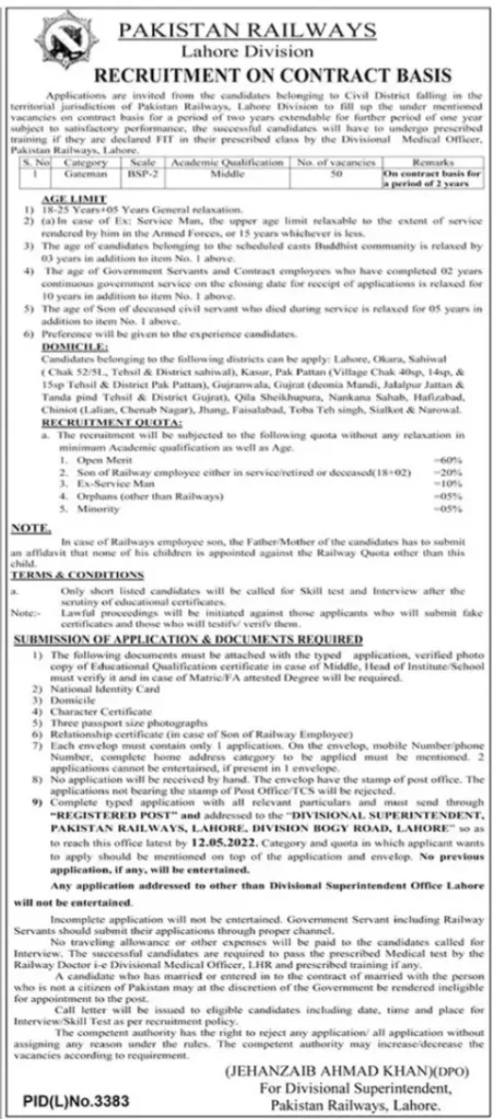 Ministry of Railway Jobs 2022 – Headquarters office Lahore | Pakistan Railway Jobs 2022