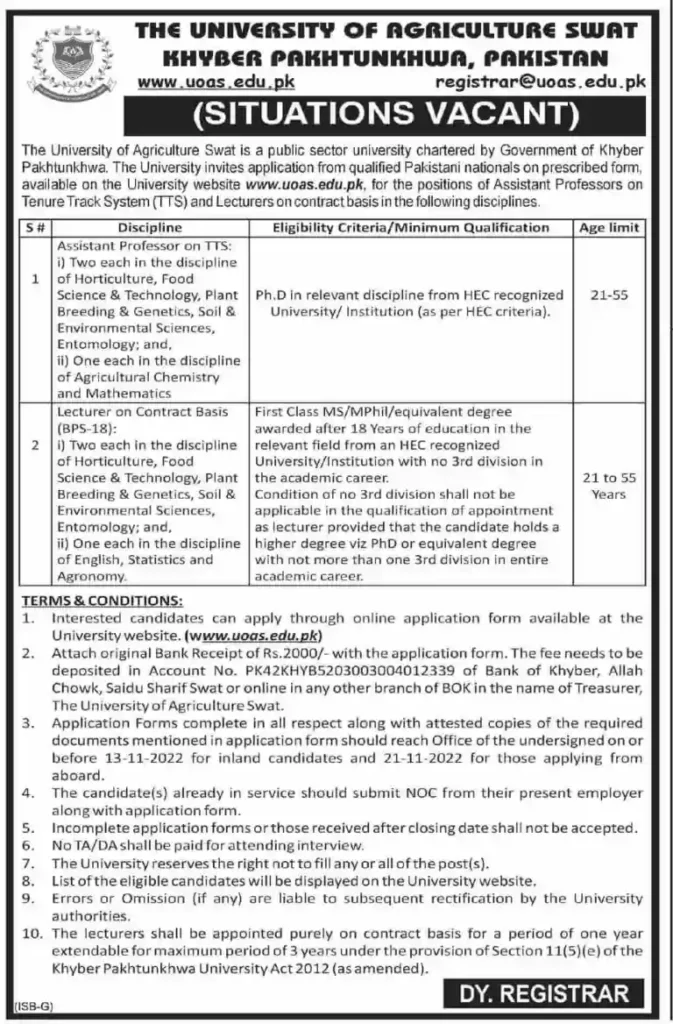 The University Of Agriculture Swat Latest Jobs | Education Department