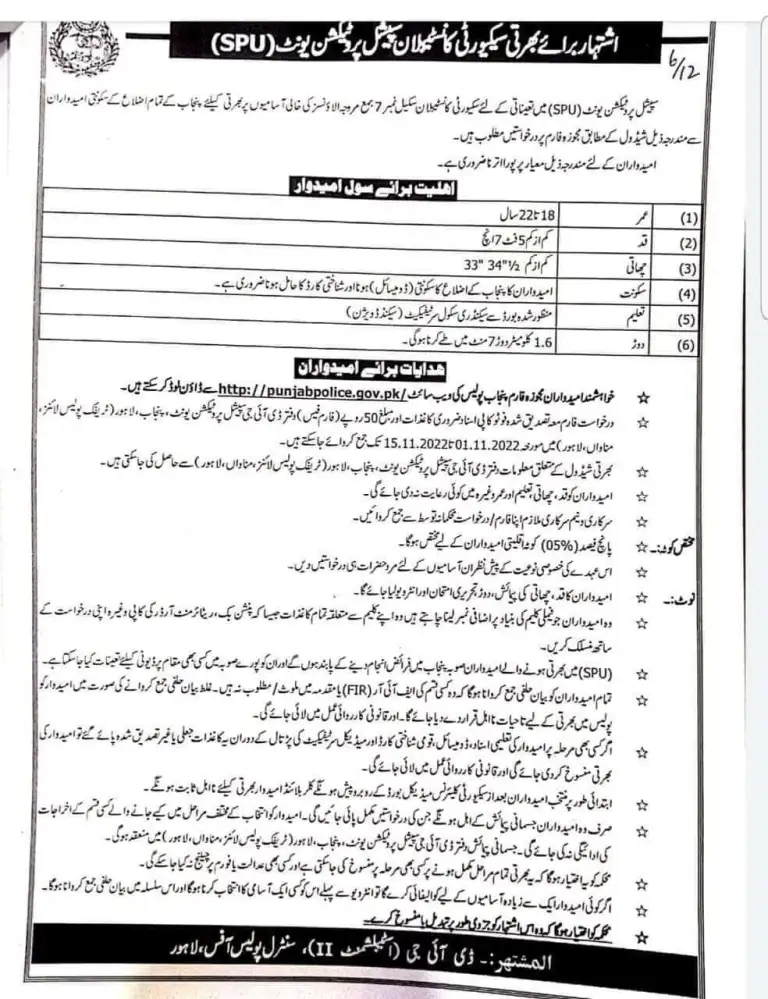 Punjab Police Jobs 2022 Application Form | پنجاب پولیس بھرتی