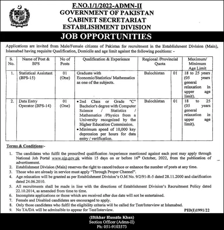 Latest Cabinet Secretariat Jobs 2022 Pakistan | Latest Cabinet Secretariat Islamabad Jobs 2022