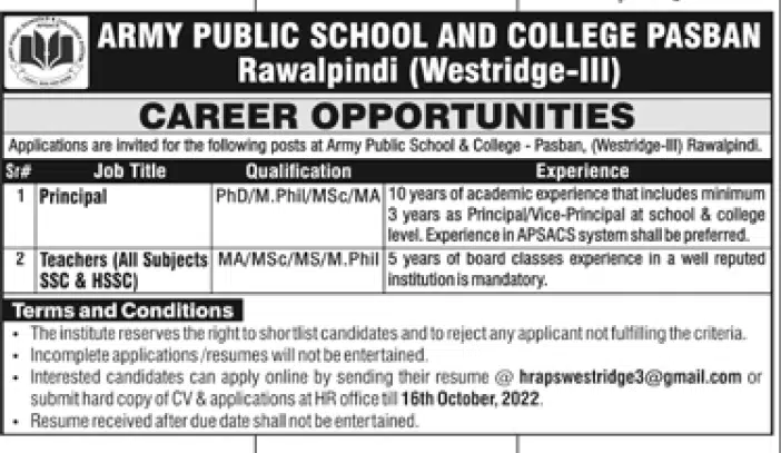 Army Public School & College Pasban Westridge-III Rawalpindi Jobs 2022