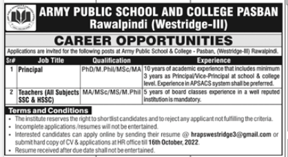 Army Public School & College Pasban Westridge-III Rawalpindi Jobs 2022