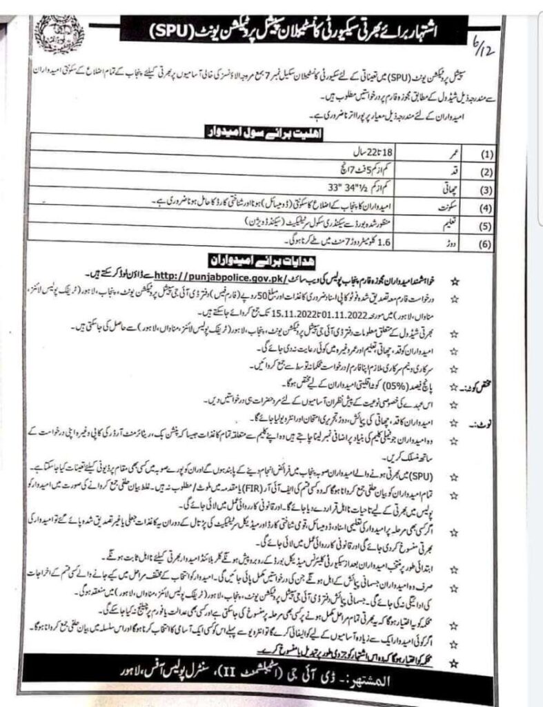 SPU Jobs 2022 – Punjab Police Special Protection Unit - Download Application Form punjabpolice.gov.pk