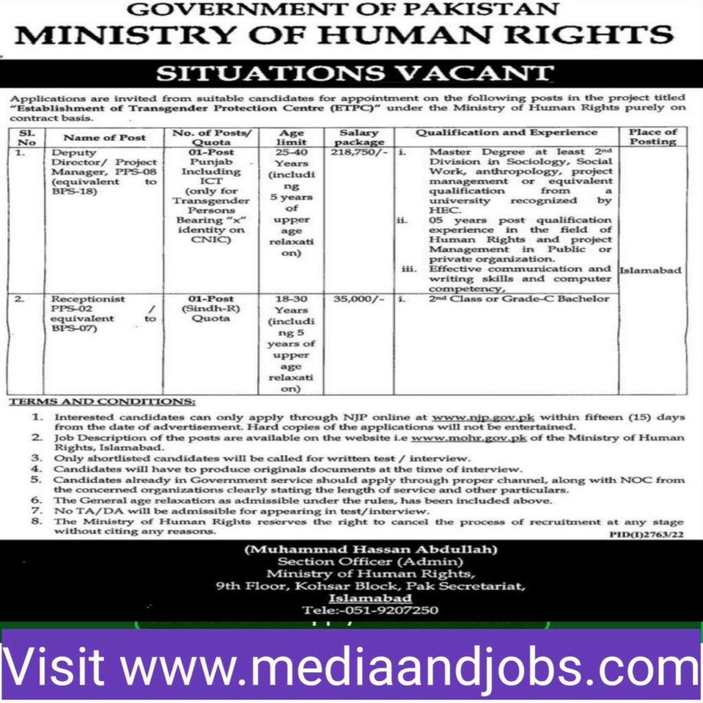 Ministry of Human Rights MOHR Jobs 2022 Apply Online - Latest Government Jobs in Pakistan