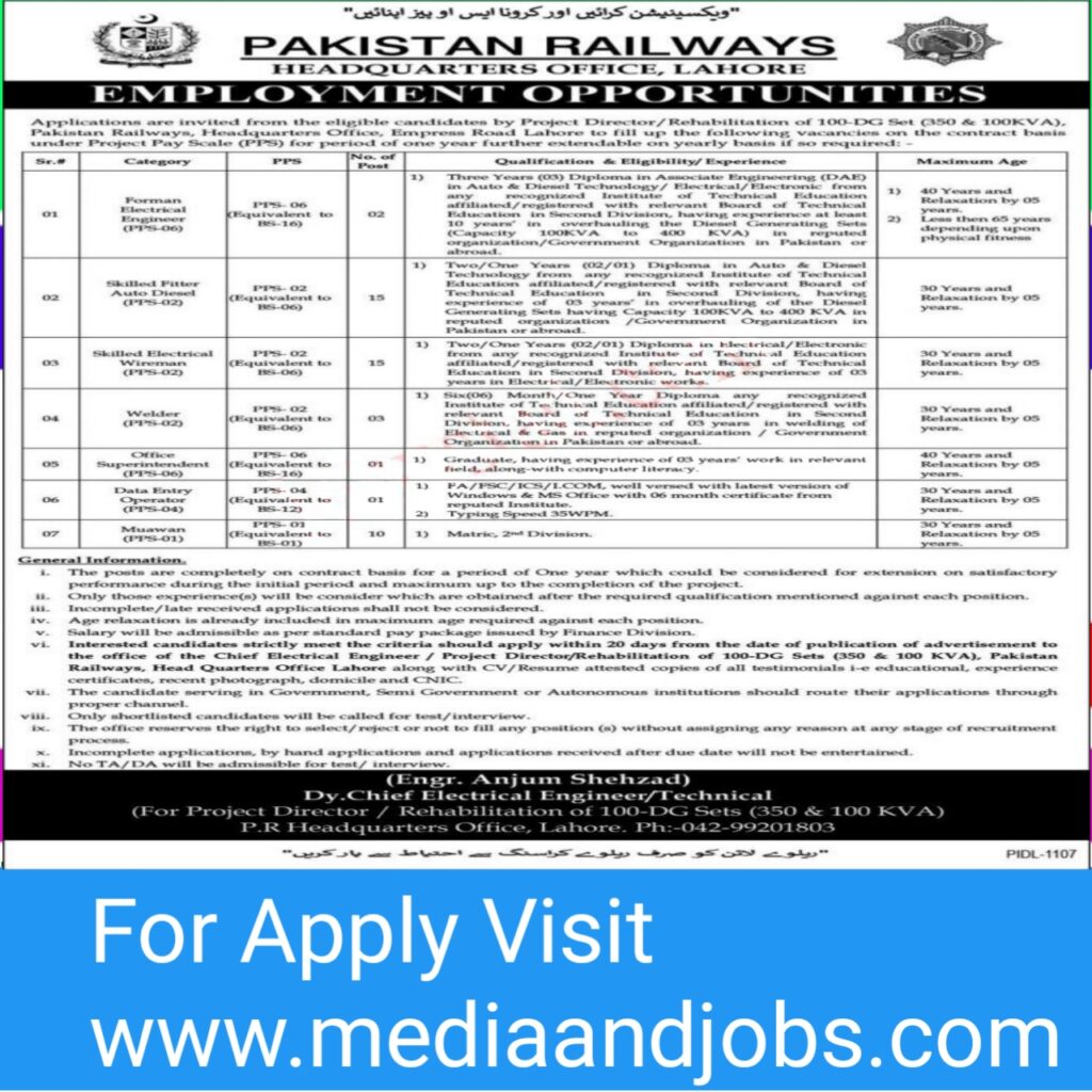 Ministry of Railway Jobs 2022 – Headquarters office Lahore - Pakistan Railways PR Headquarters Office Lahore jobs November 2022