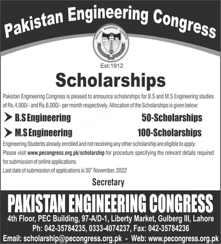 PEC Scholarship | 150 Pakistan Engineering Council Scholarships 2022