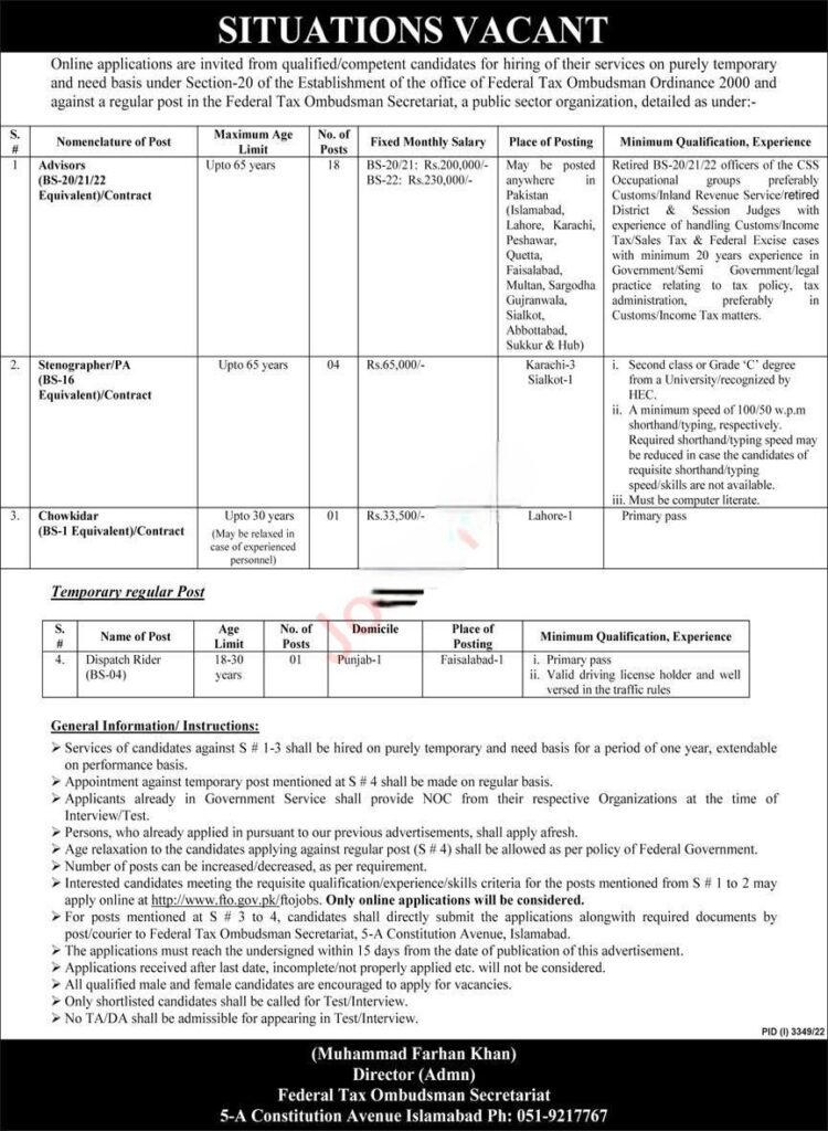 Public Sector Organization Jobs 2022 at Federal Tax Ombudsman | Federal Tax Ombudsman Secretariat Jobs 2022