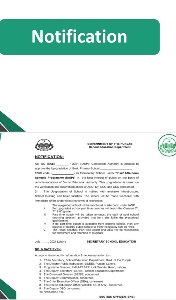 GOVERNMENT OF THE PUNJAB SCHOOL EDUCATION DEPARTMENT POLICY ON 'INSAF AFTERNOON SCHOOL PROGRAM' 2022-23