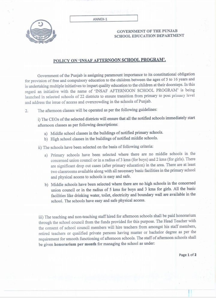 GOVERNMENT OF THE PUNJAB SCHOOL EDUCATION DEPARTMENT POLICY ON 'INSAF AFTERNOON SCHOOL PROGRAM' 2022-23