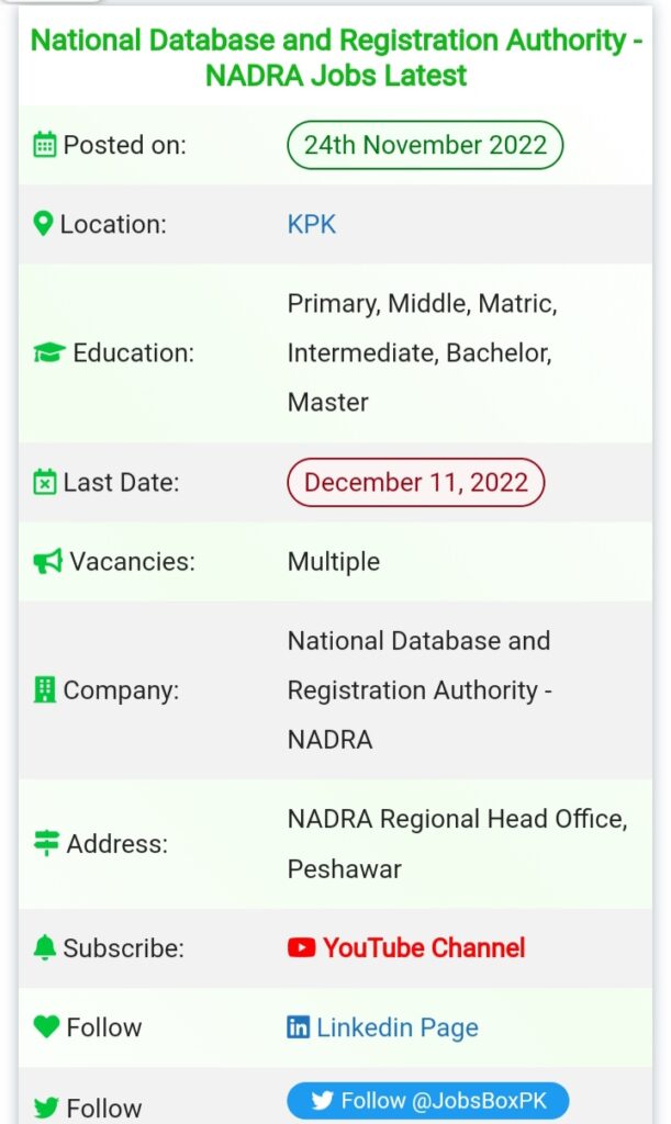 NADRA Regional Head Office Peshawar Jobs 2022 | Walk in Interview | NADRA Jobs At Nadra Careers Regional Head Office