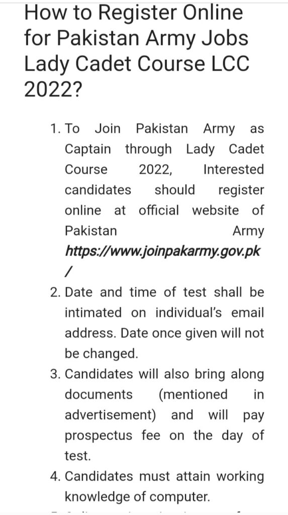 Lady Cadet Course 2022 | Pak Army LCC 22 Online Application Female