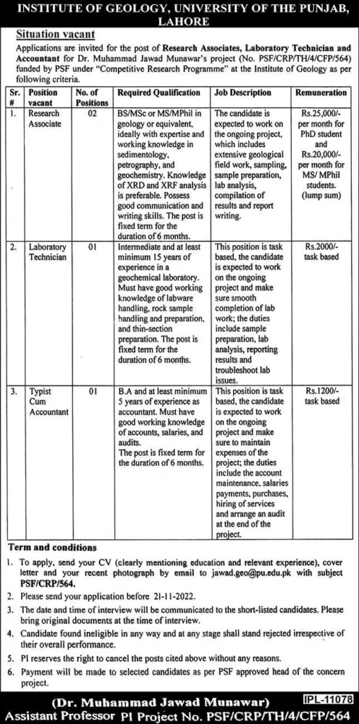 University of Punjab PU Lahore Job November 2022 - Latest Advertisements