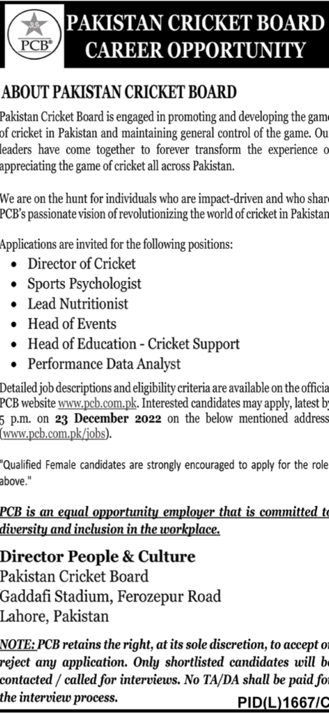 Pakistan Cricket Board PCB Board Jobs 2022 | Apply Online