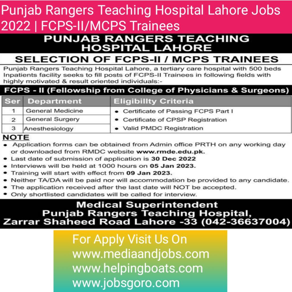 Punjab Rangers Teaching Hospital Lahore Jobs 2022 | FCPS-II/MCPS Trainees