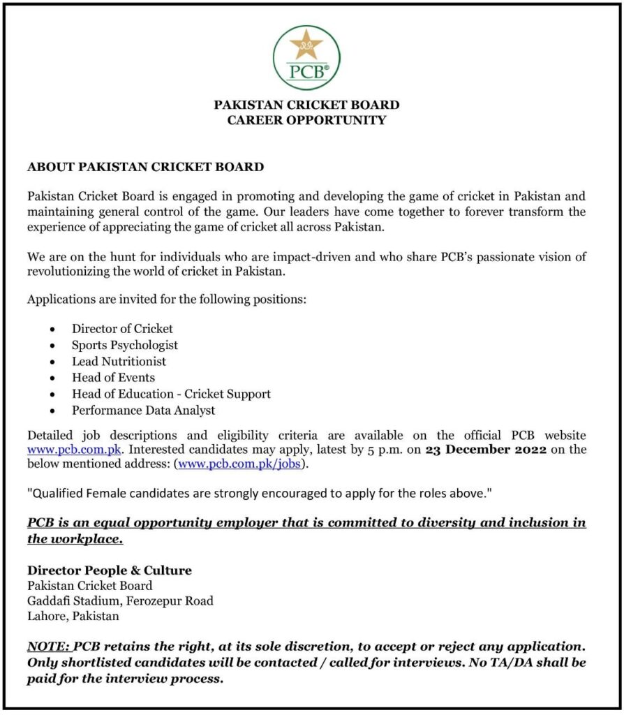 Pakistan Cricket Board PCB Board Jobs 2022 | Apply Online