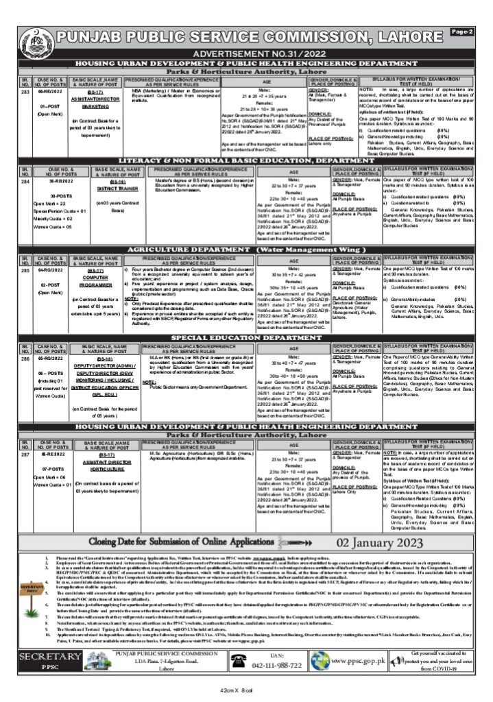 PUNJAB PUBLIC SERVICE COMMISSION LAHORE ADVERTISEMENT NO.31/2022 | PPSC Jobs 2022 Advertisement No.31