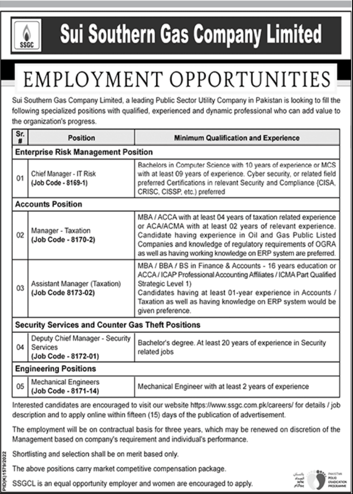 Sui Southern Gas Company SSGC Jobs 2022 Latest Ad | Sui Southern Gas Company SSGC Jobs 2022 in Pakistan Apply Online Last Date