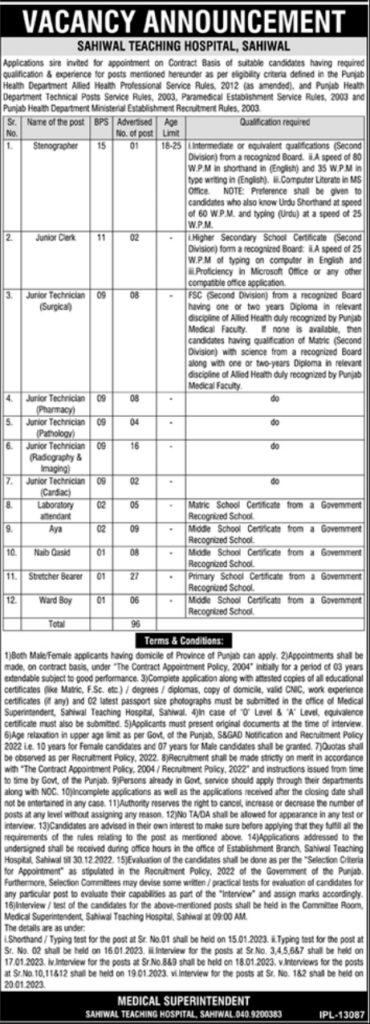 Sahiwal Teaching Hospital Jobs Pakistan 2022-23