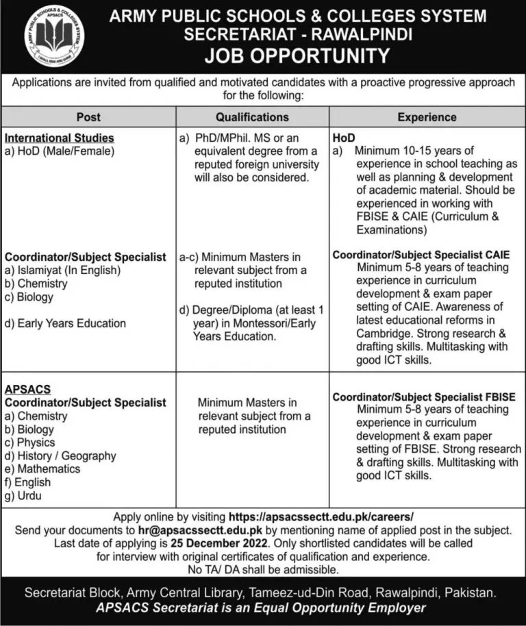 ARMY PUBLIC SCHOOLS & COLLEGES SYSTEM SECRETARIAT JOBS 2022 - RAWALPINDI JOB OPPORTUNITY 2022-23