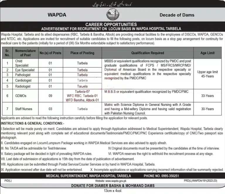 Latest WAPDA Jobs 2023 - WAPDA tarbela hospital Jobs 2023 | Application Form