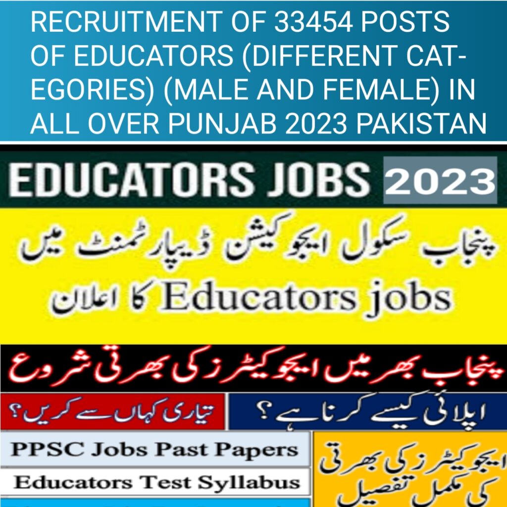 RECRUITMENT OF 33454 POSTS OF EDUCATORS (DIFFERENT CATEGORIES) (MALE AND FEMALE) IN ALL OVER PUNJAB 2023 PAKISTAN