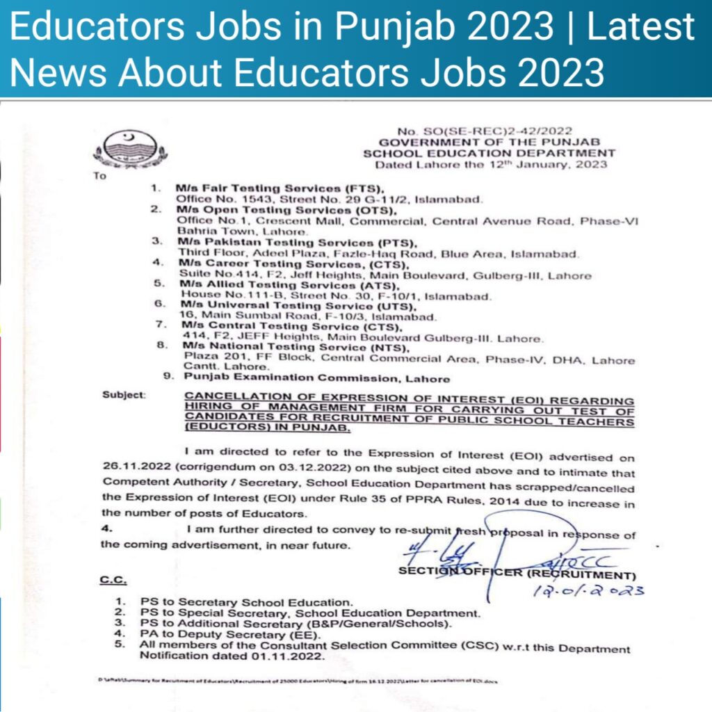 Educators Jobs in Punjab 2023 |  Cancellation of (EOI) 2023