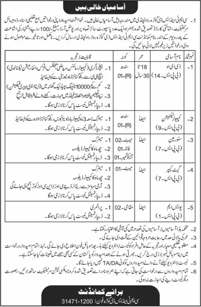 CMT and SD Golra Jobs 2023 Advertisement