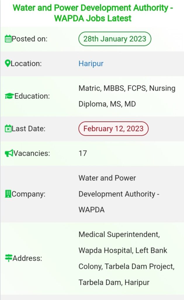 Latest WAPDA Jobs 2023 - WAPDA tarbela hospital Jobs 2023 | Application Form