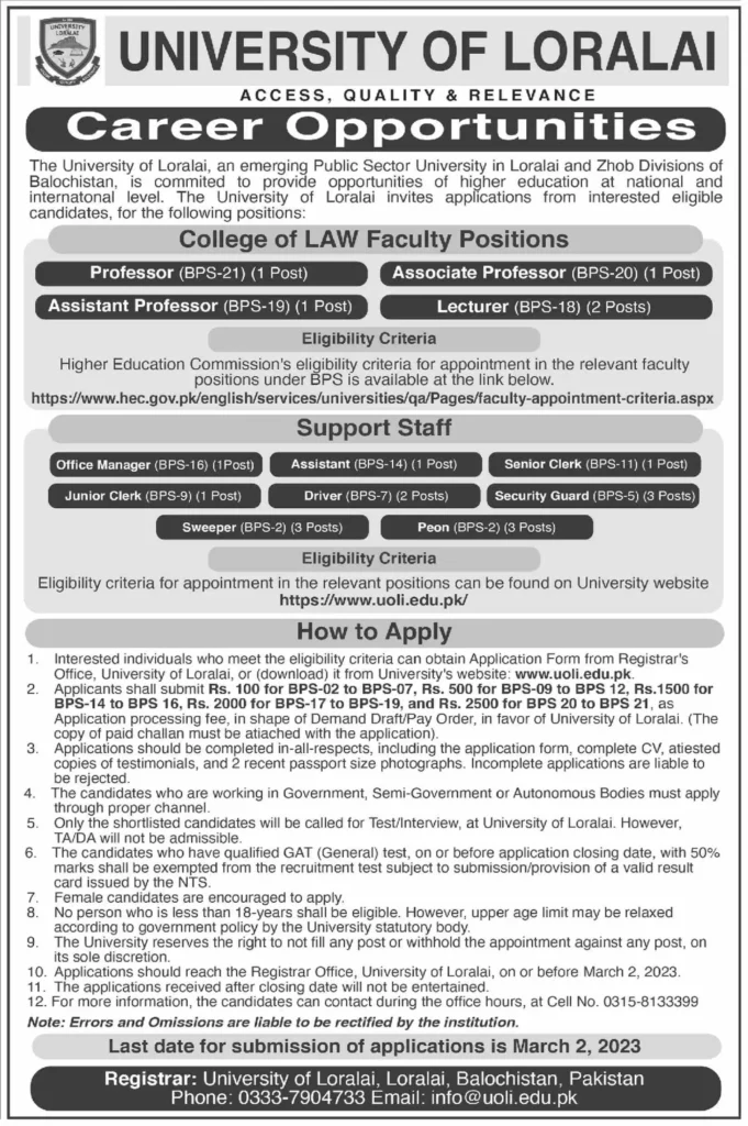 Loralai University Jobs 2023