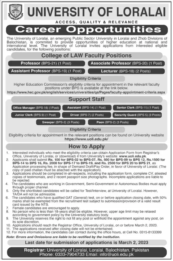 Loralai University Jobs 2023