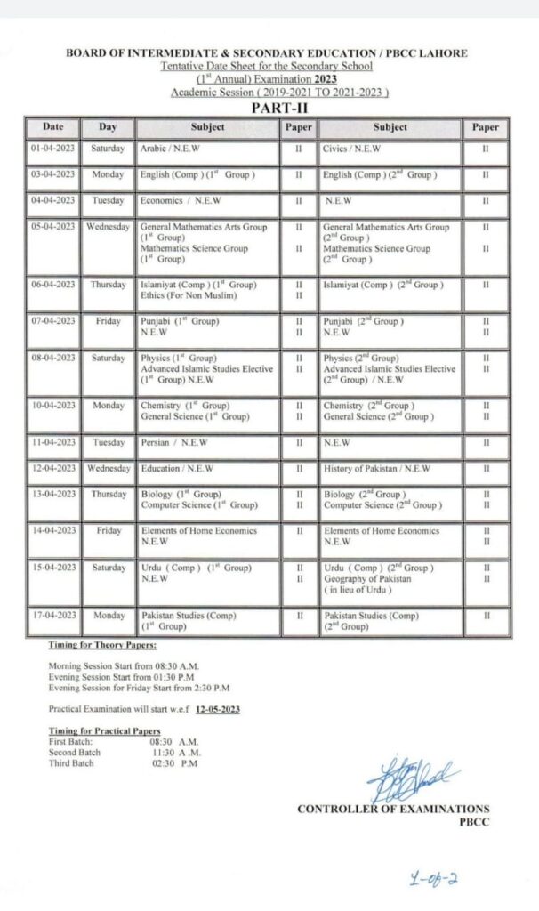 Matric Date Sheet 2023