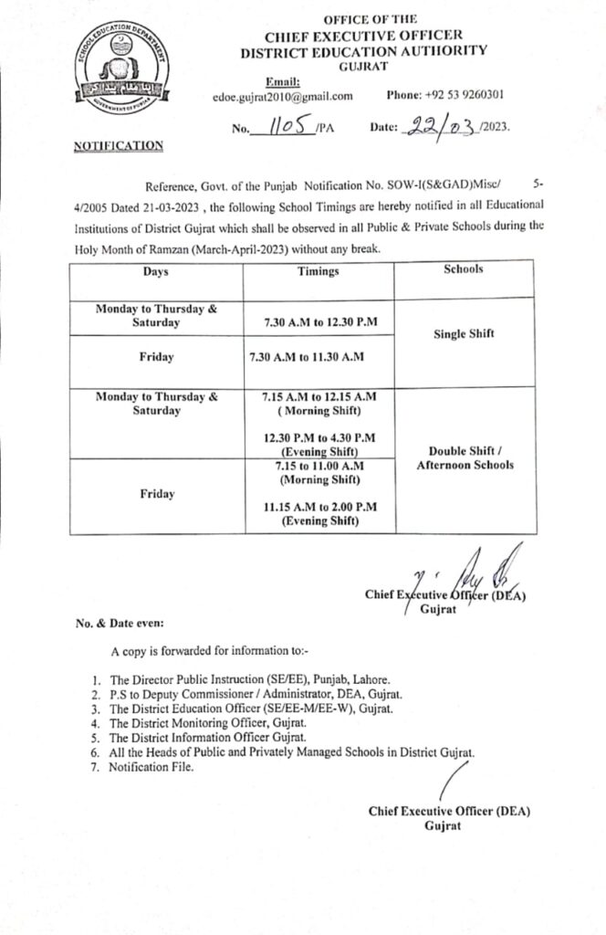 Notification School Timings Change In Ramazan Kareem