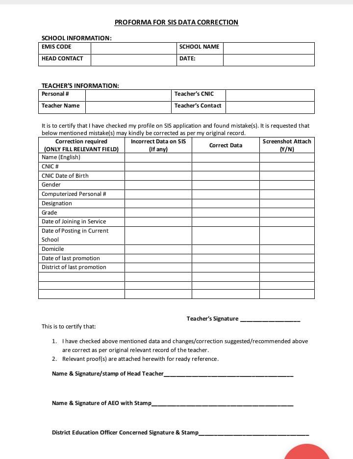 CORRECTIONS OF TEACHERS RECORDS