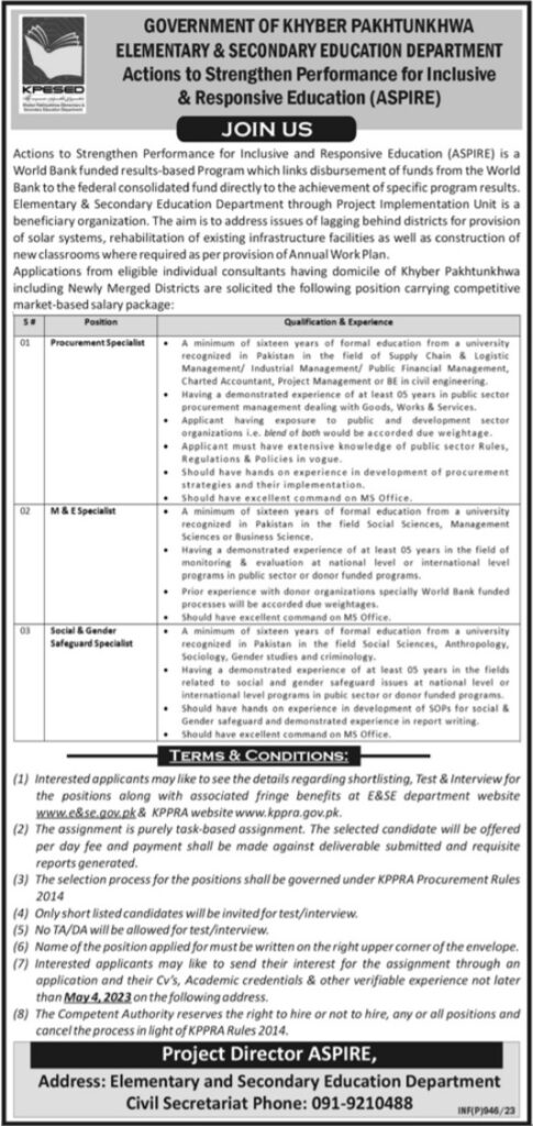 (ESED) Elementary And Secondary Education Department KPK Jobs 2023 (ESED) Elementary And Secondary Education Department KPK Jobs 2023