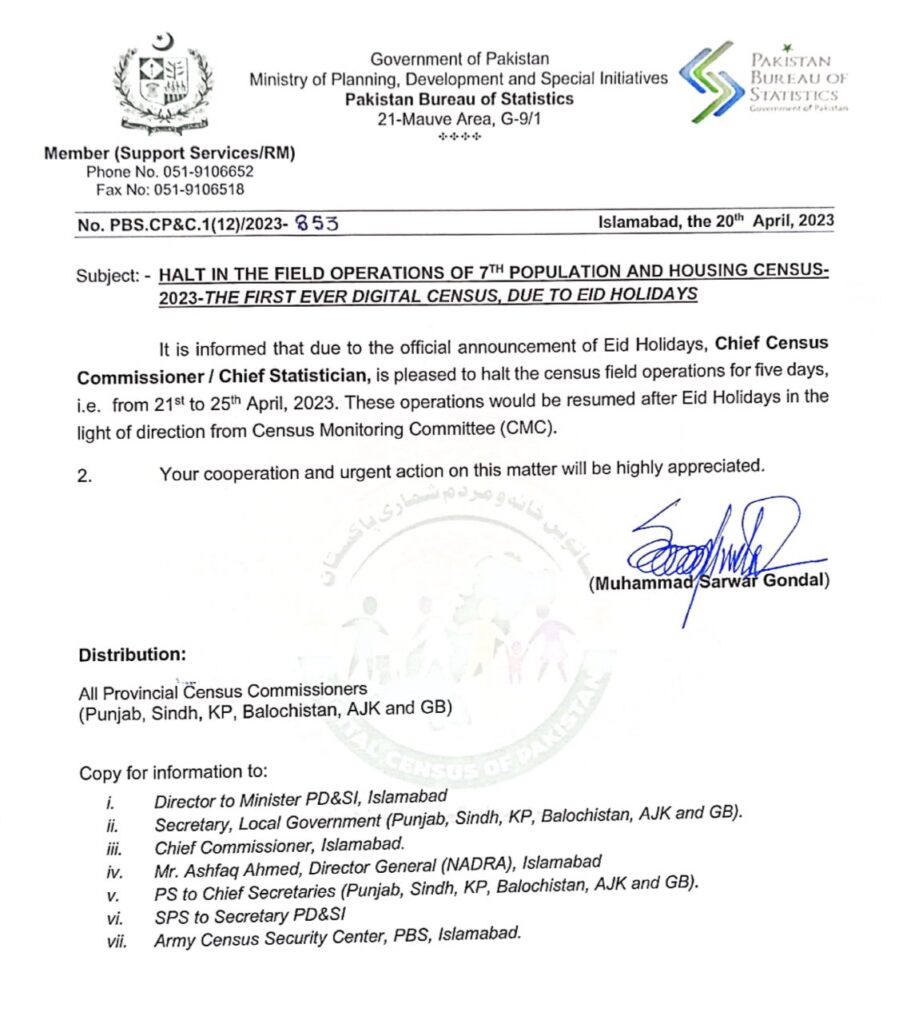 HALT IN THE FIELD OPERATIONS OF 7TH CENSUS- 2023 DUE TO EID HOLIDAYS