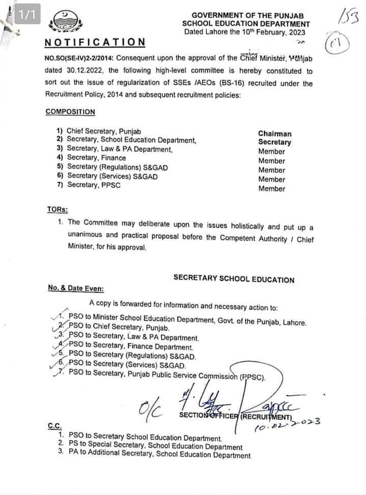 High Level Committee Is Constituted Regarding Regularization Of SSEs/AEOs (BS-16)