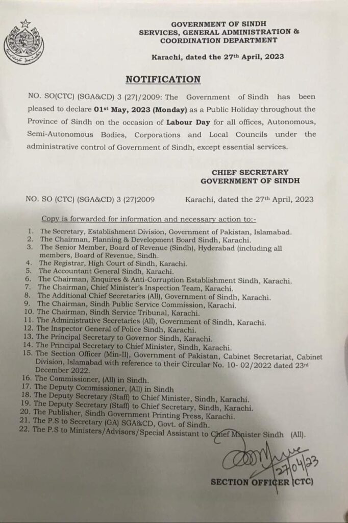 Public Holiday 01 May, 2023 - Notification