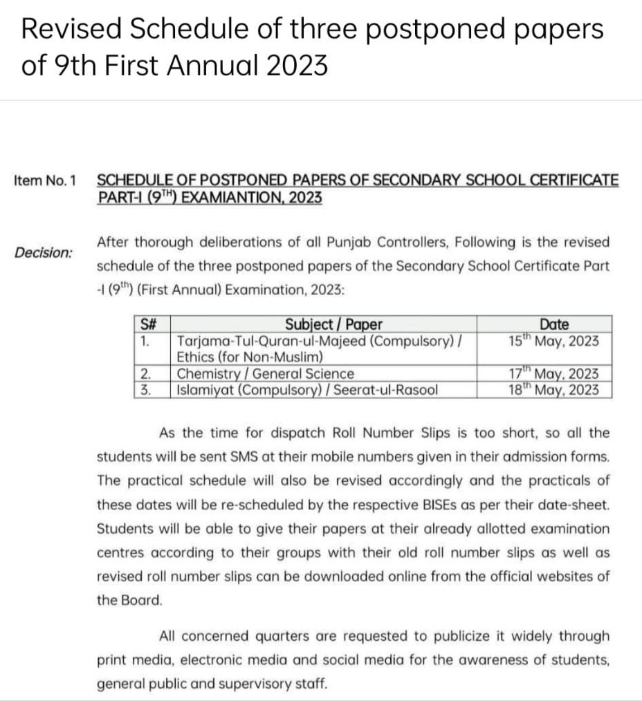 9th Class New DateSheet For Postponed Papers Punjab Board 2023