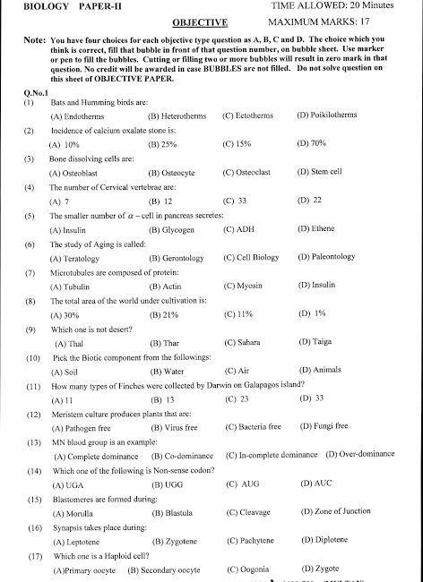 Biology 2nd Year Punjab Boards Guess Paper 2023